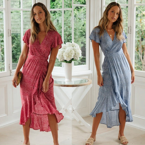 2019 New Summer V Neck Red Vintage Boho Women Dress Fashion Printed Floral Ruffle Short Sleeve Beach Sexy Lrreqular Midi Dress
