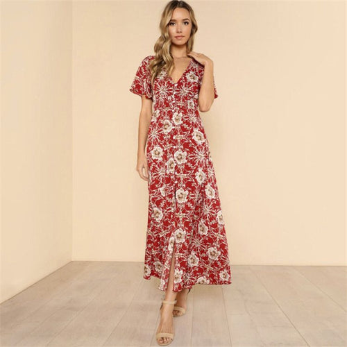 Sexy Dress 2019 New Spring Summer Floral Print V Neck Loose Slim Red Short Sleeve Fashion Chic Maxi Dress Vestido Feminina CX833