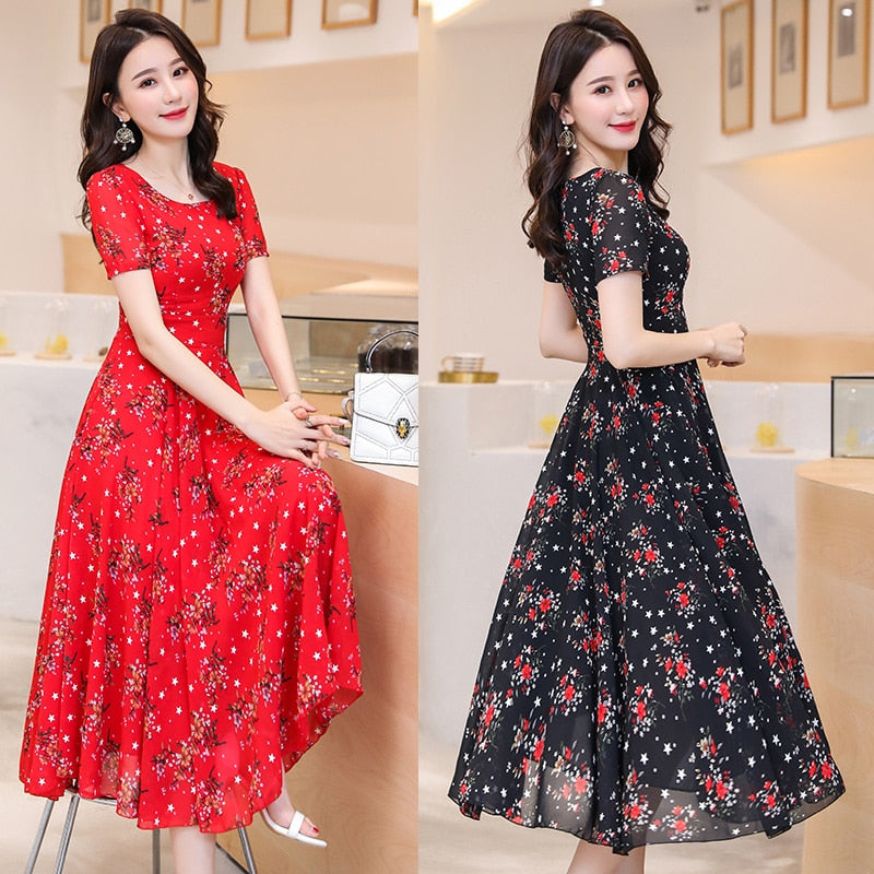 Black,Red Flower Summer Dress Women Short Sleeve Floral Print Long Chiffon Dresses Big Swing Office Lady Clothing S-XXXL