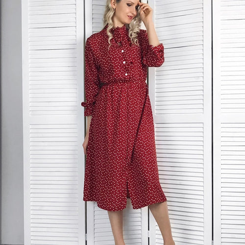 Red Chiffon Shirt Polka Dot Dress 2019 Autumn Dress Women Long Sleeve Vestidos Midi Casual Office Vintage Dresses Female Floral