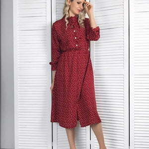 Red Chiffon Shirt Polka Dot Dress 2019 Autumn Dress Women Long Sleeve Vestidos Midi Casual Office Vintage Dresses Female Floral