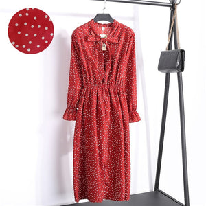 Red Chiffon Shirt Polka Dot Dress 2019 Autumn Dress Women Long Sleeve Vestidos Midi Casual Office Vintage Dresses Female Floral