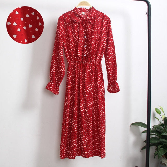 Red Chiffon Shirt Polka Dot Dress 2019 Autumn Dress Women Long Sleeve Vestidos Midi Casual Office Vintage Dresses Female Floral